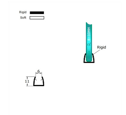 Detailed dimension diagram of the UH810 U-channel glass guard, engineered with a precise inner width to clamp firmly onto 8mm to 10mm shower screen panels without slipping.