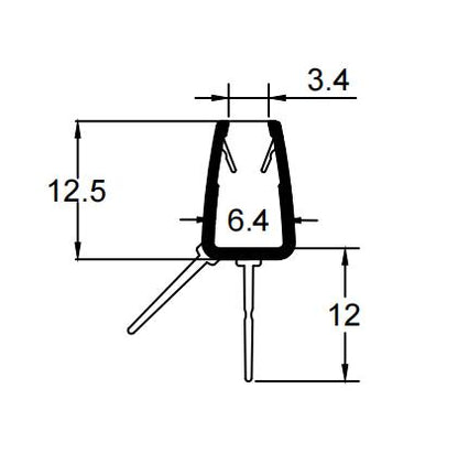 V456S12 shower door bottom seal dimensions showing 4–6mm glass fit and 12mm fin