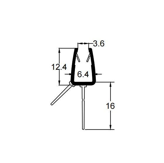 V456S16 shower door bottom seal profile dimensions with 16mm fin