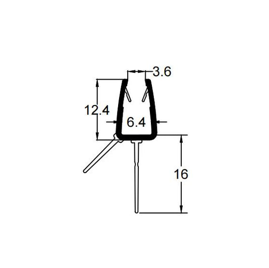 V456S16 shower door bottom seal profile dimensions with 16mm fin