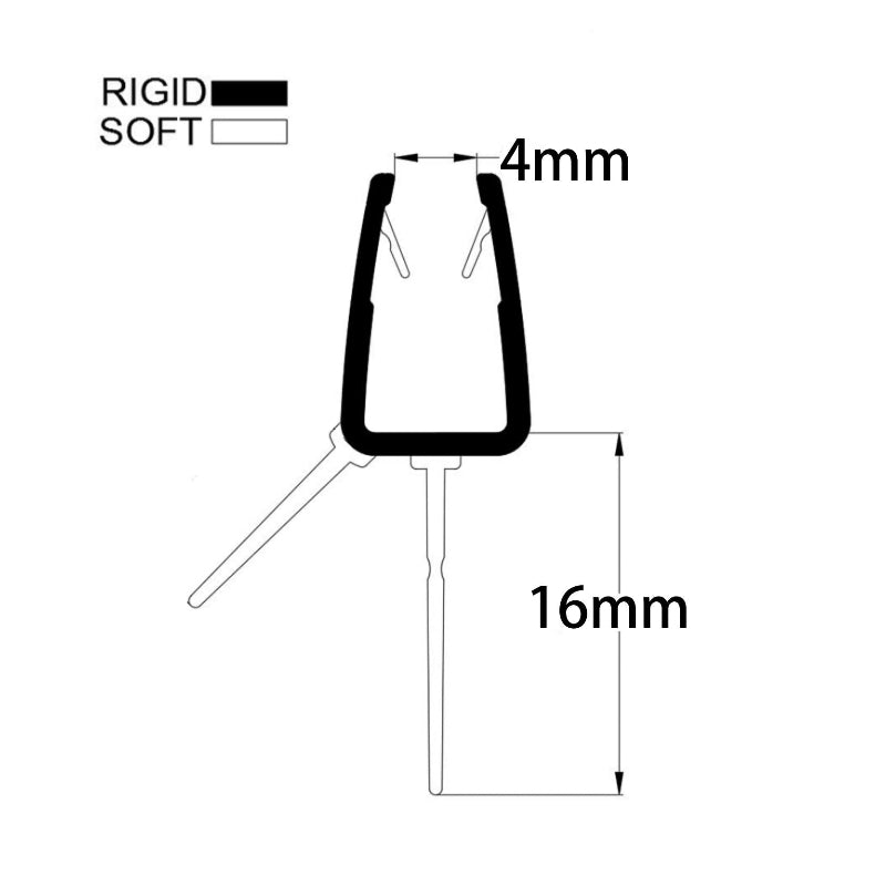 V456S16CU curved shower seal profile showing 4–6mm glass fit and 16mm flexible fin