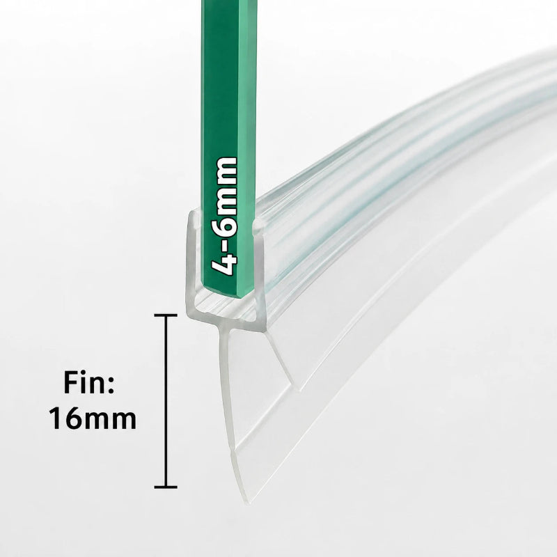 V456S16CU pre-curved shower door bottom seal for 4–6mm glass with 16mm flexible fin