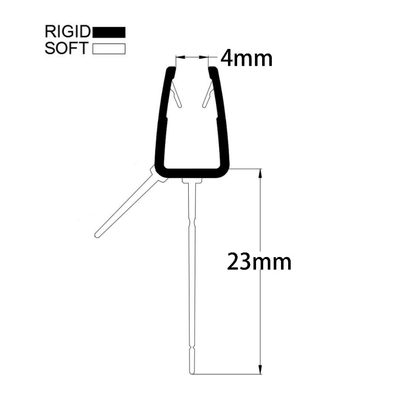V456S2023CU curved shower seal profile showing 4–6mm glass fit and 23mm flexible fin