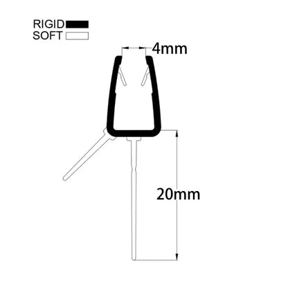 V456S20CU curved shower seal profile showing 4–6mm glass fit and 20mm flexible fin
