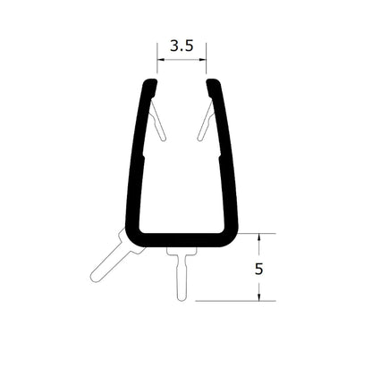 V456S5 shower door bottom seal profile dimensions showing 5mm fin for 4-6mm glass
