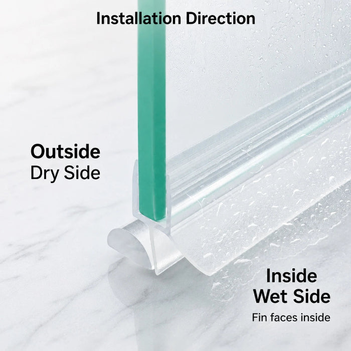 V456S8 shower door bottom seal showing correct wet-side and dry-side installation direction