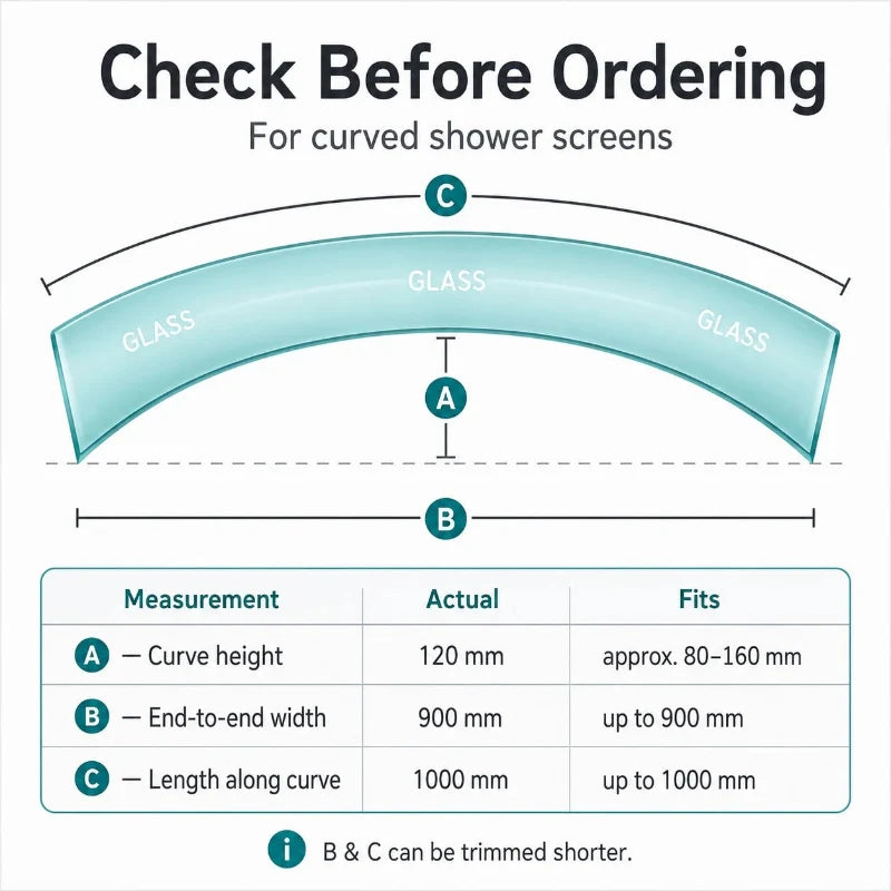 V456S8CU curved shower screen seal measuring guide for checking glass curve before ordering