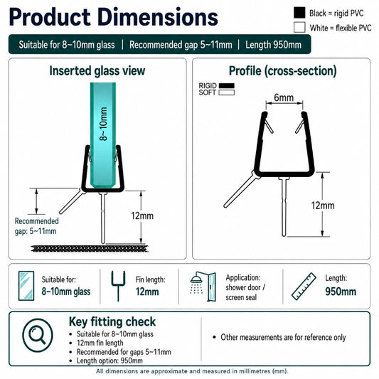 Profile dimensions of V810S12 shower door bottom seal for 8–10mm glass