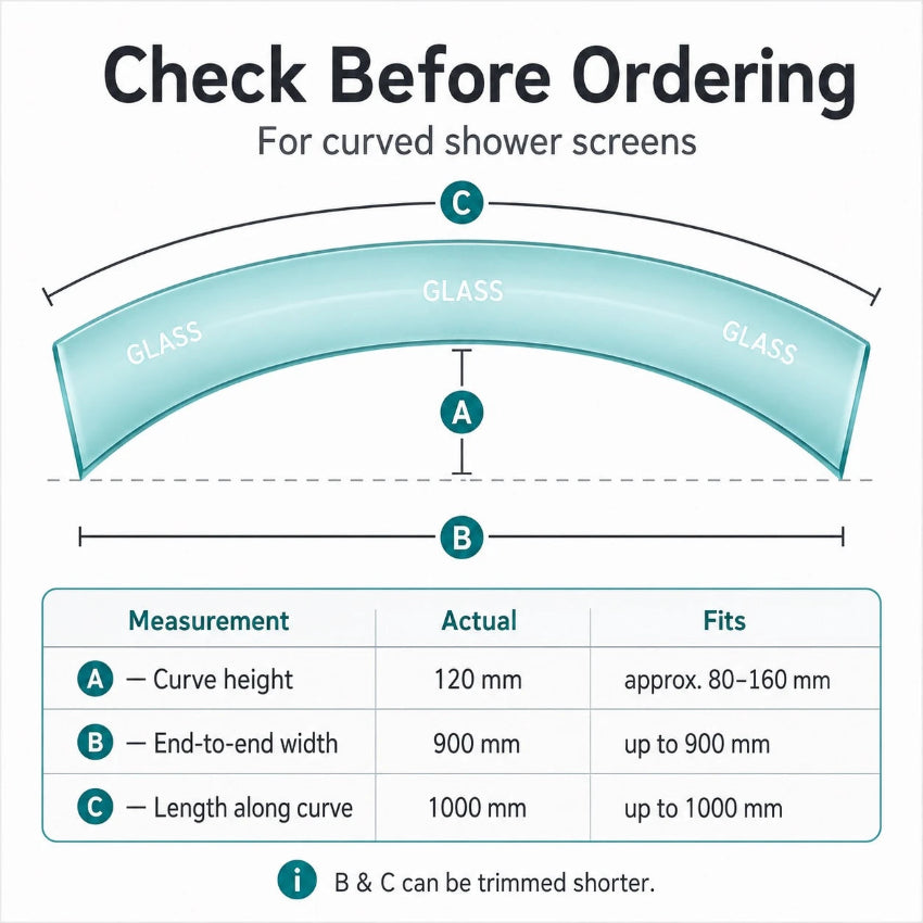 Measuring guide for checking 8–10mm curved shower glass before fitting the V810S12CU seal