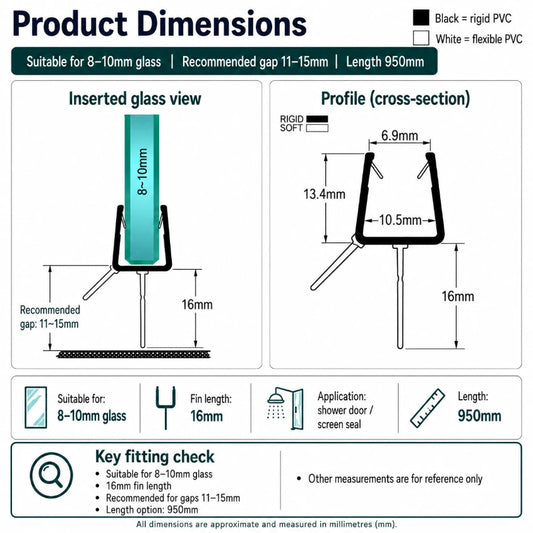 V810S16 profile dimensions showing the 8–10mm glass channel and 16mm sealing fin