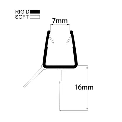Profile drawing of V810S16CU curved shower door seal showing 8-10mm glass fit and 16mm flexible fin