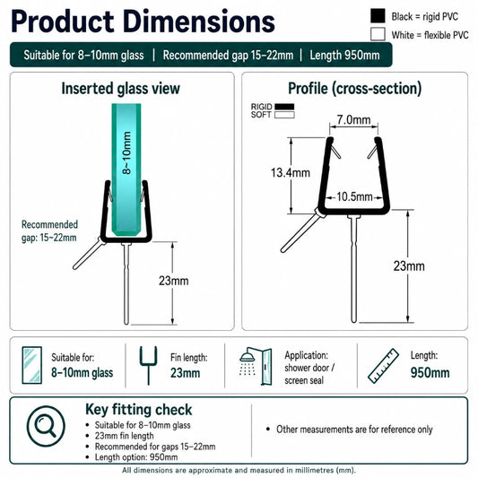 V810S2023 bottom seal profile dimensions showing the 8–10mm glass channel and 23mm fin