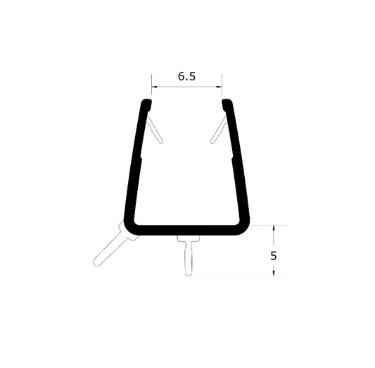 V810S5 shower door bottom seal profile dimensions showing 5mm fin for 8-10mm glass