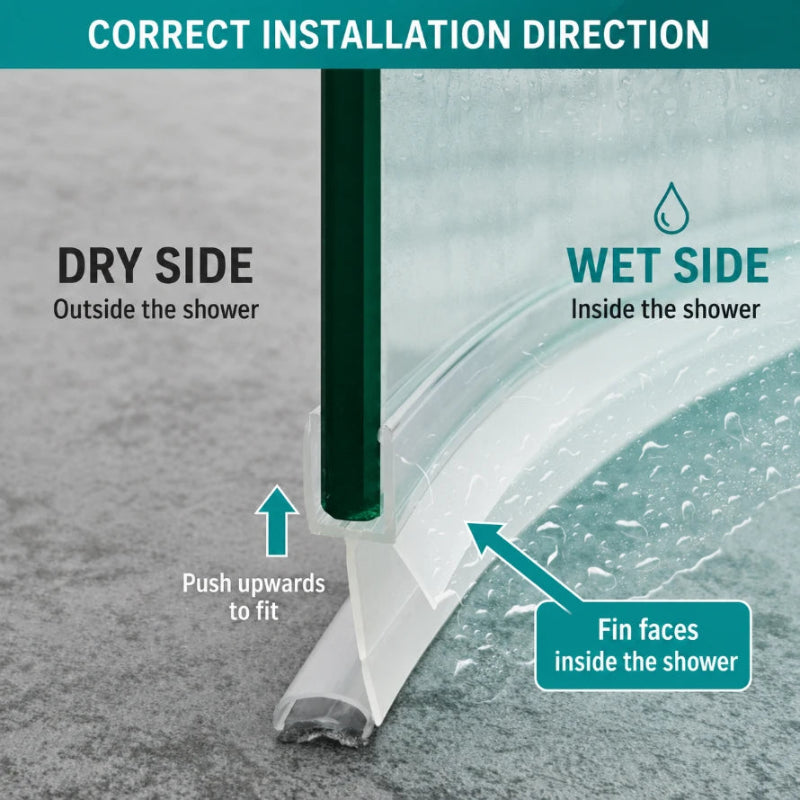 V810S8CU curved shower bottom seal showing correct wet-side installation direction
