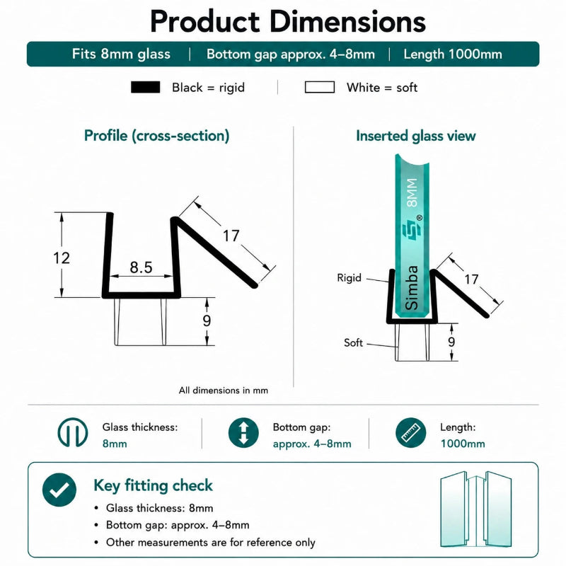 VB08 8mm glass shower door bottom seal dimensions with 17mm rigid deflector, 9mm flexible fins and 1000mm length