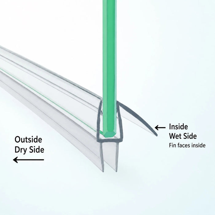 VB10 bottom seal fitting direction on 10mm shower glass showing wet-side and dry-side orientation
