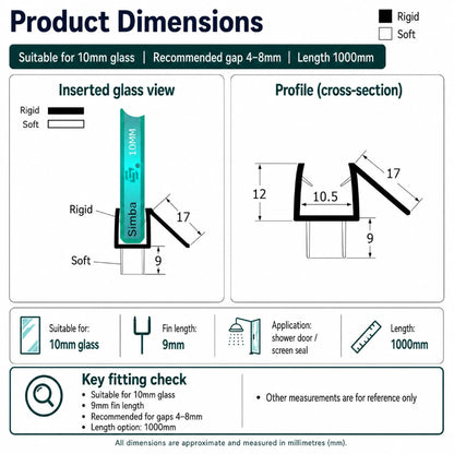 VB10 shower door bottom seal dimensions for 10mm glass with 9mm twin fins and 17mm water deflector