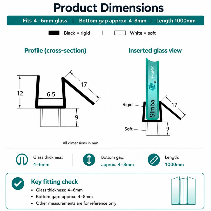VB456 4-6mm glass shower door bottom seal dimensions with 9mm flexible fins and 1000mm length