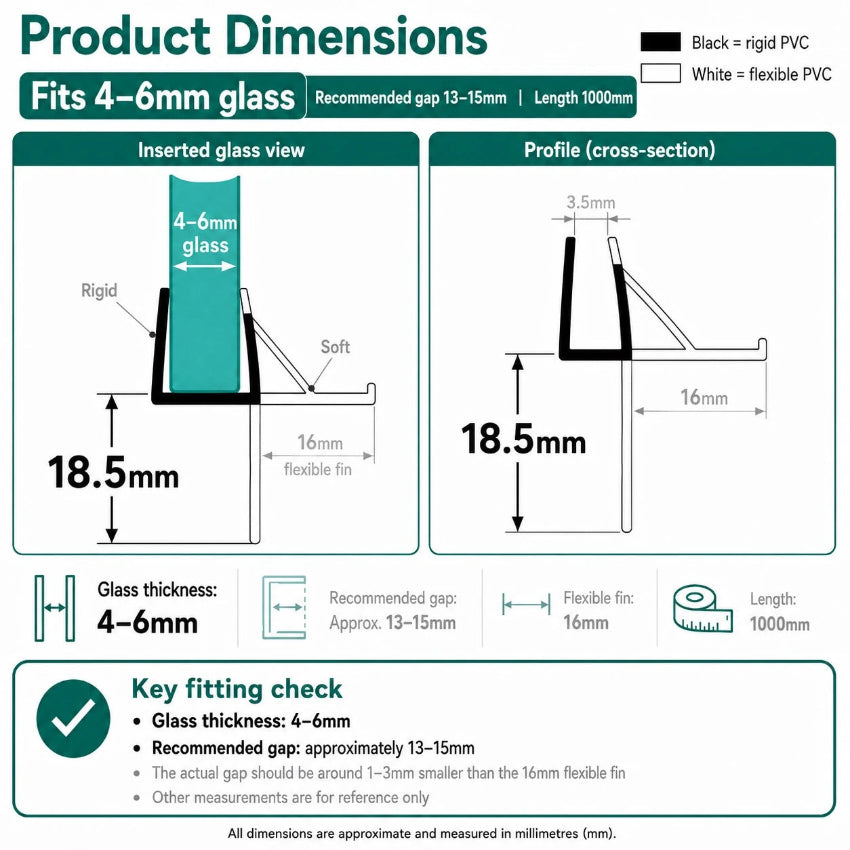 VC456 shower door bottom seal dimensions with 18mm offset fin for 4mm, 5mm and 6mm glass