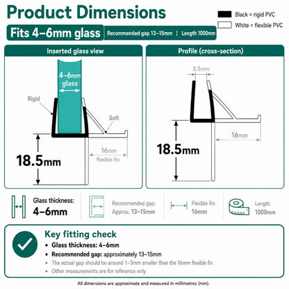 VC456 shower door bottom seal dimensions with 18mm offset fin for 4mm, 5mm and 6mm glass