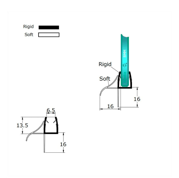 VC8 offset fin shower door seal dimensions for 6-8mm glass