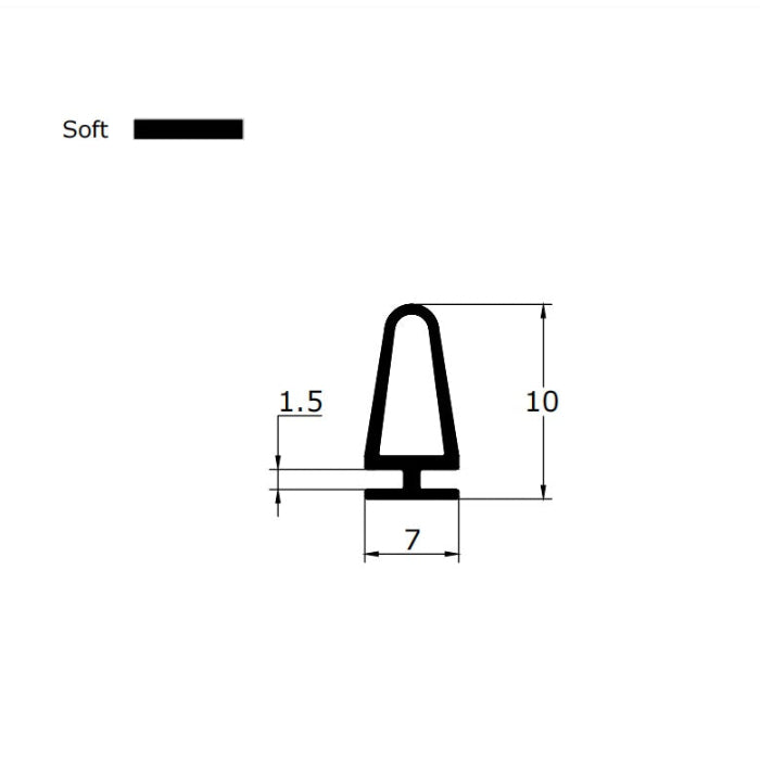 VD002 bubble shower door seal profile dimensions showing 7mm retaining base and 10mm height