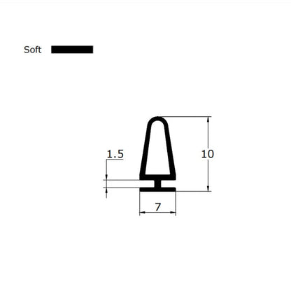 VD002 bubble shower door seal profile dimensions showing 7mm retaining base and 10mm height