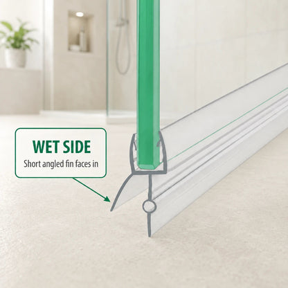 Installation direction for VD456 shower door bottom seal with short angled fin facing inside the shower
