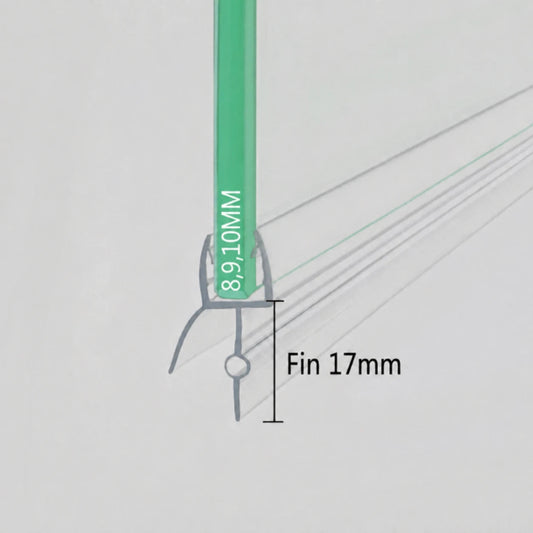VD810 shower door bottom seal for 8–10mm glass with 17mm flexible fin and angled wet-side deflector