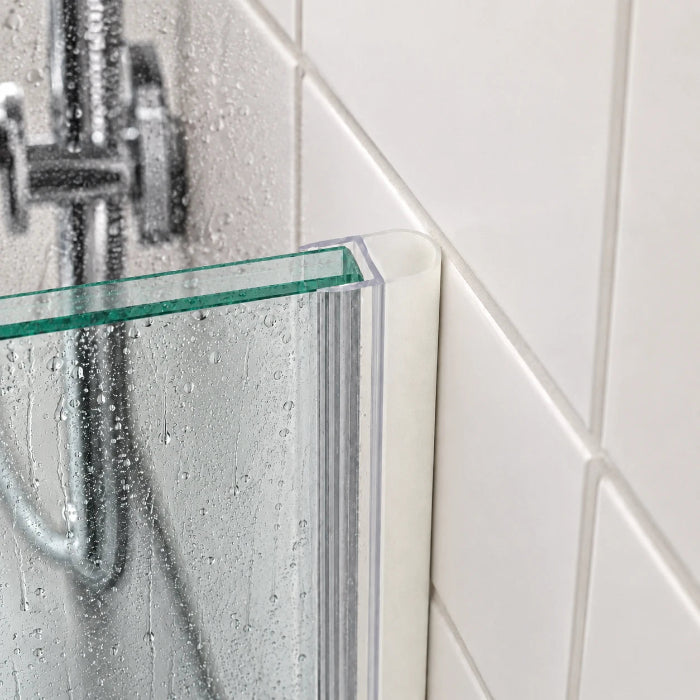 Vertical shower seal installed on glass shower screen, keeping water inside while the outside tile wall stays dry
