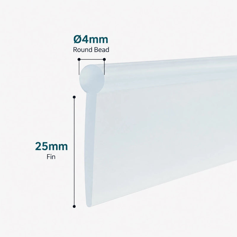 VF002 framed shower door bottom seal with 4mm round bead and 25mm flexible fin