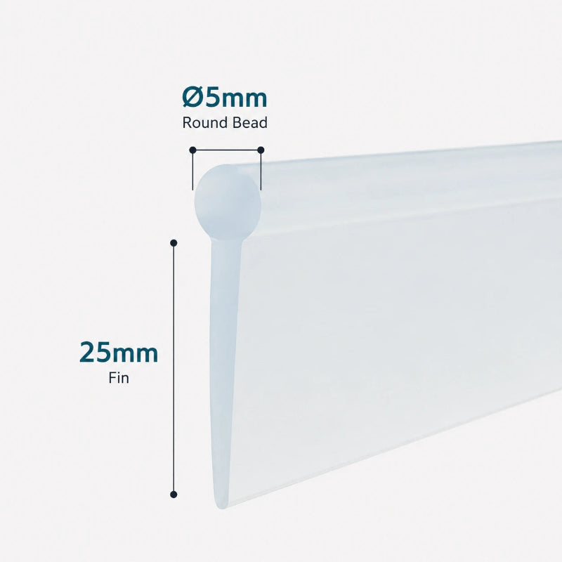 VF003 framed shower door bottom seal with 5mm round bead and 25mm flexible fin