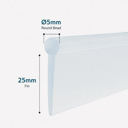 VF003 framed shower door bottom seal with 5mm round bead and 25mm flexible fin