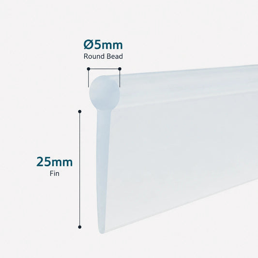 VF003 framed shower door bottom seal with 5mm round bead and 25mm flexible fin