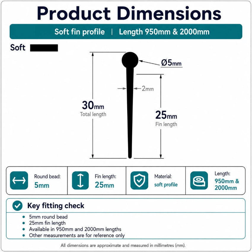 VF003 round bead shower door bottom seal dimensions showing the 5mm bead, 25mm fin and 30mm overall profile