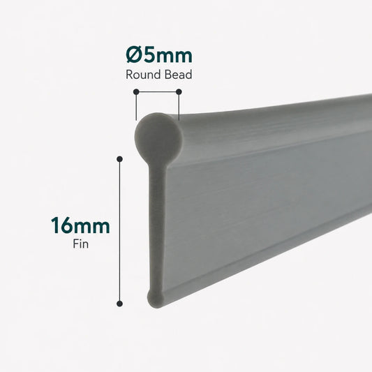 VF004 dark grey framed shower door bottom seal with 5mm round bead and 16mm flexible fin