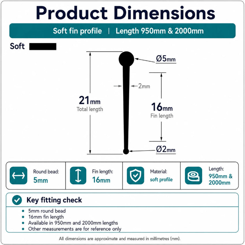 VF004 round bead shower door bottom seal dimensions showing the 5mm bead, 16mm fin and 21mm overall profile