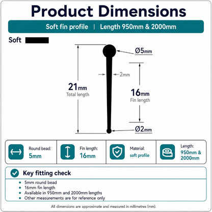 VF004 round bead shower door bottom seal dimensions showing the 5mm bead, 16mm fin and 21mm overall profile