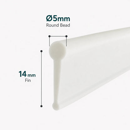 VF005 white framed shower door bottom seal with 5mm round bead and 14mm flexible fin