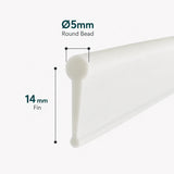 VF005 white framed shower door bottom seal with 5mm round bead and 14mm flexible fin