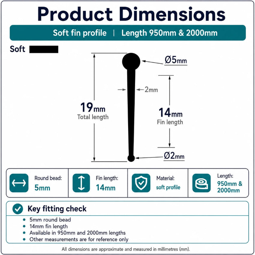 VF005 round bead shower door bottom seal dimensions showing the 5mm bead, 14mm fin and 19mm overall profile