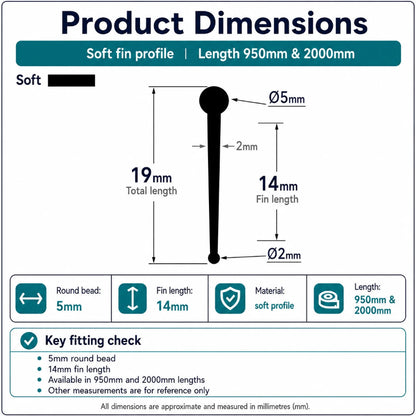 VF005 round bead shower door bottom seal dimensions showing the 5mm bead, 14mm fin and 19mm overall profile