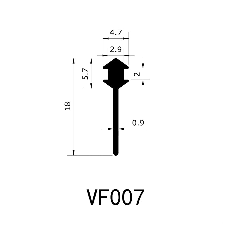VF007 framed shower door bottom seal profile dimensions with 4.7mm retaining head