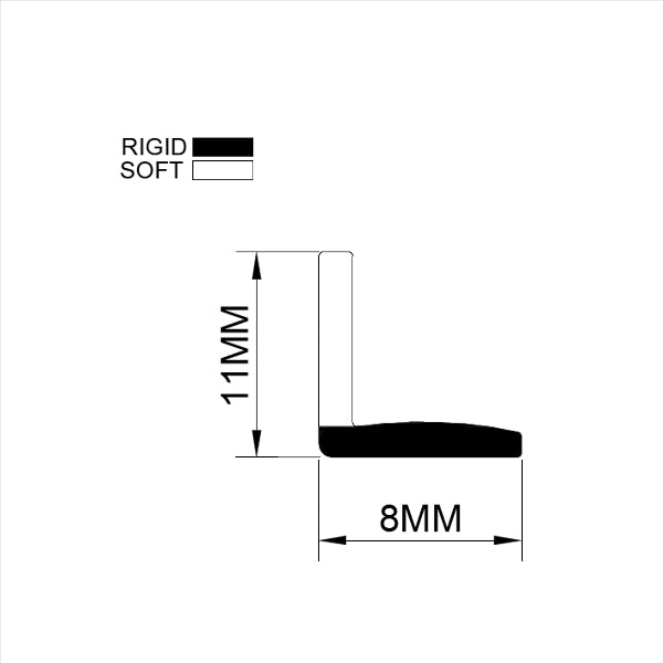 VG003 L-shaped shower seal dimensions showing 11mm soft fin and rigid adhesive base