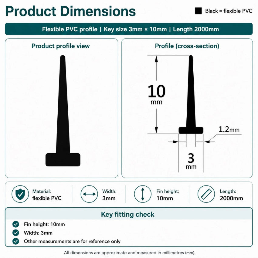 VH001 framed shower door seal dimensions for narrow T-slot channels and smaller gaps