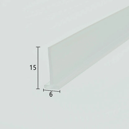 Cross-section close-up of the VH002 framed shower door bottom sweep, showcasing the transparent soft PVC with a unique 6mm extra-wide T-shaped top and a 15mm long sweeping fin, optimized to lock securely into non-standard wider base tracks of framed doors for reliable water channelling and leak protection.