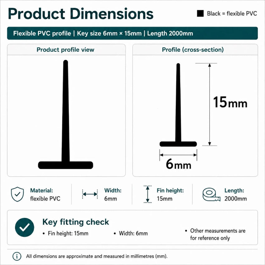 VH002 framed shower door seal dimensions showing the 6mm T-shaped fitting and 15mm trim-to-fit fin