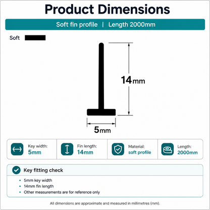 VH007 white framed shower door seal dimensions showing the 5mm T-shaped fitting and 14mm fin