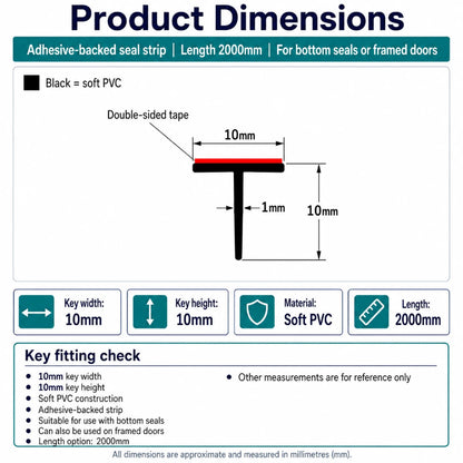 VH009 T-slot shower seal dimensions showing the 10mm profile width and 2000mm length
