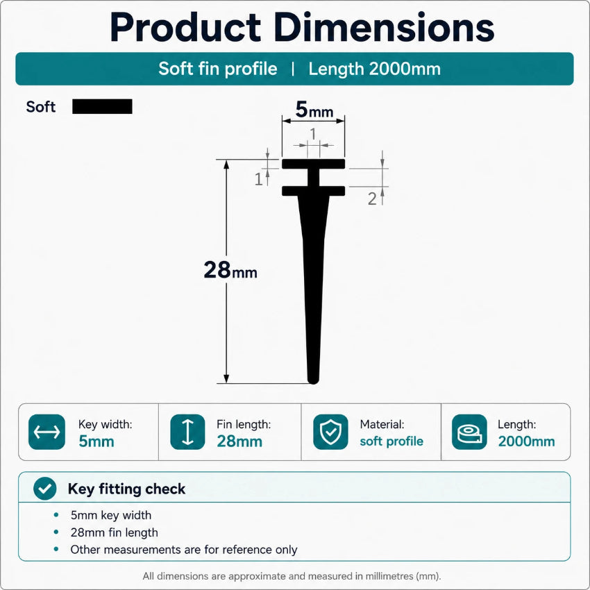 VI001 stepped T-slot framed shower door seal dimensions showing the 5mm fitting width and 28mm profile height